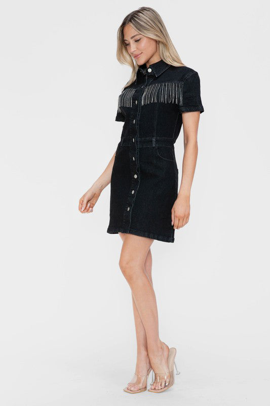 SALLEY Embellished Button Down Denim Dress