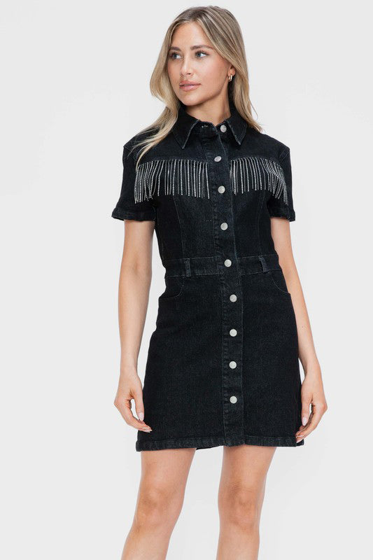 SALLEY Embellished Button Down Denim Dress