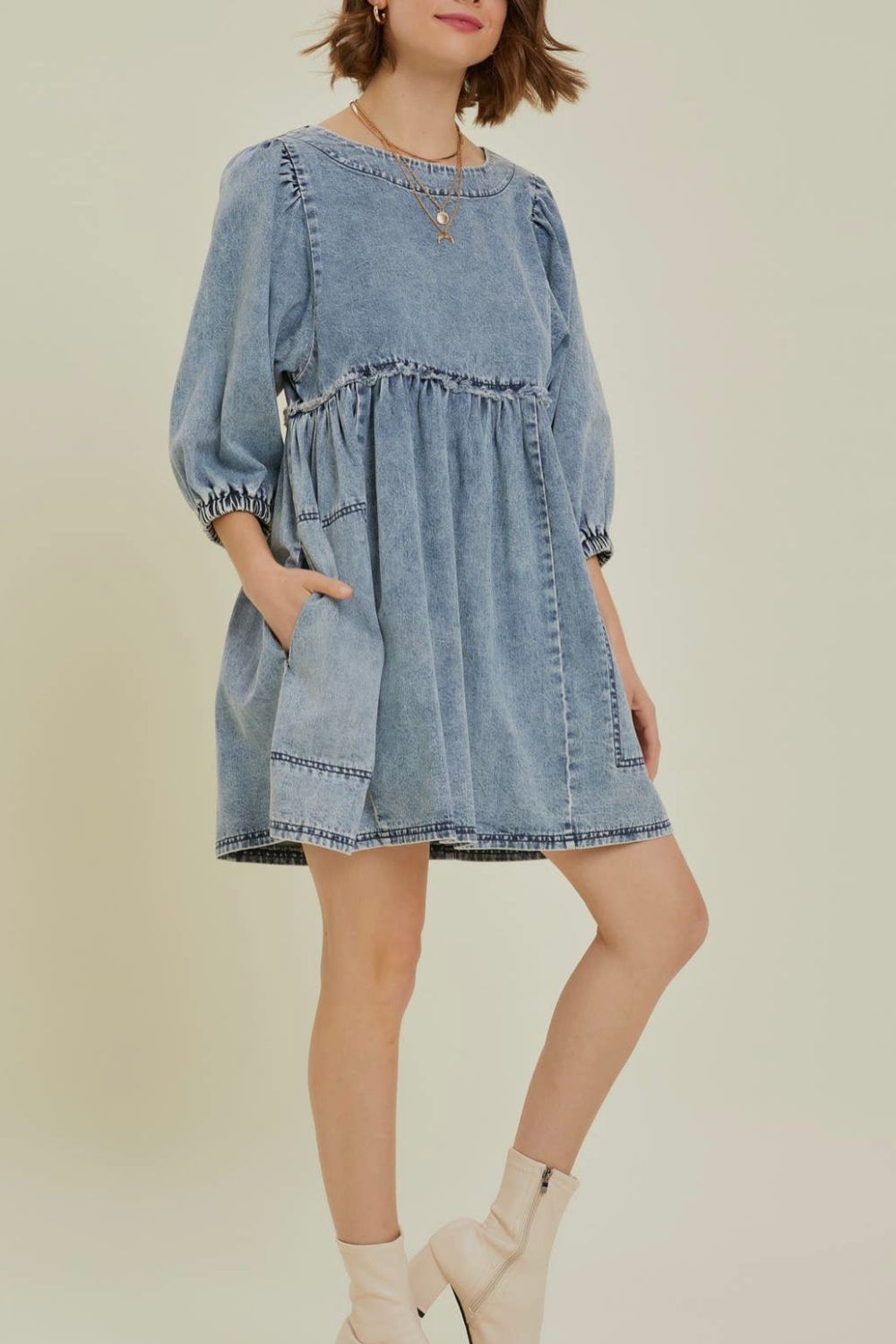 OLIVIA Balloon Sleeve Denim Dress