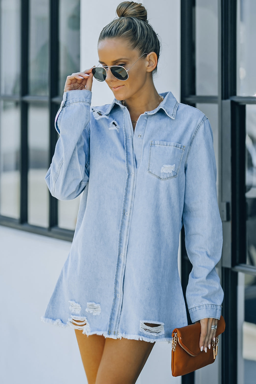 LAUREN Distressed Snap Down Denim Jacket