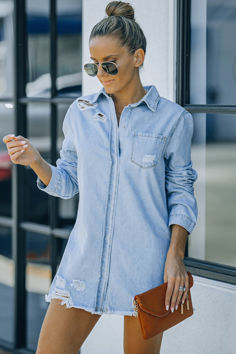 LAUREN Distressed Snap Down Denim Jacket