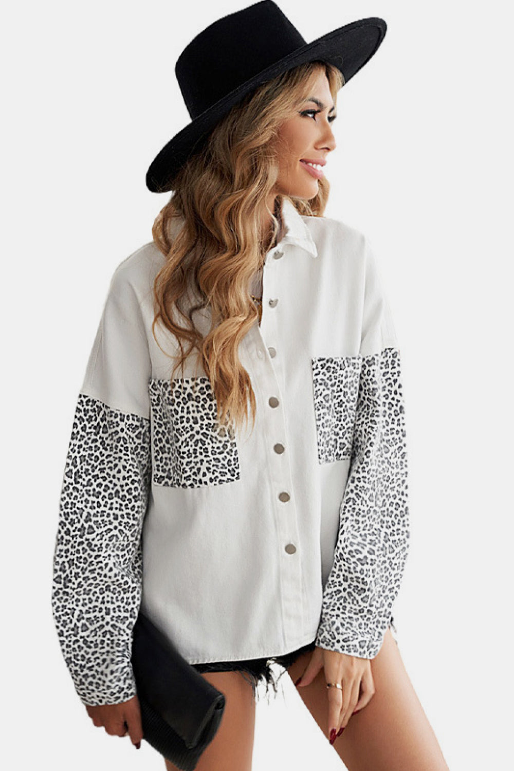 TWAIN Leopard Contrast Denim Top