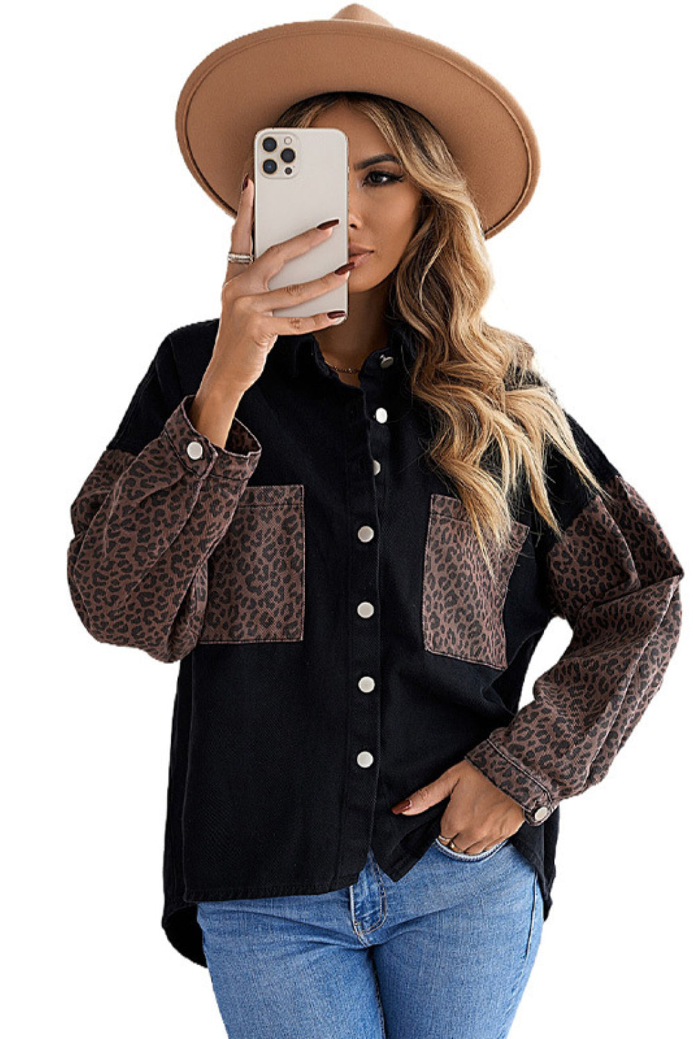 TWAIN Leopard Contrast Denim Top