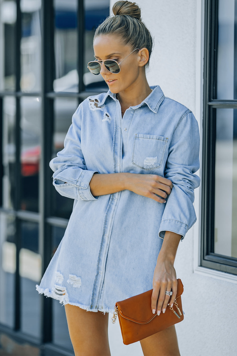 LAUREN Distressed Snap Down Denim Jacket