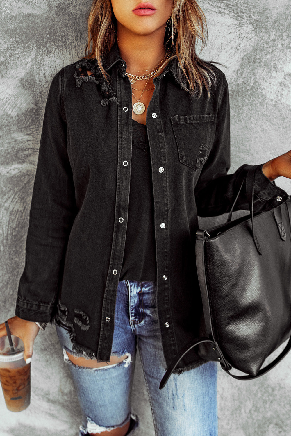 LAUREN Distressed Snap Down Denim Jacket