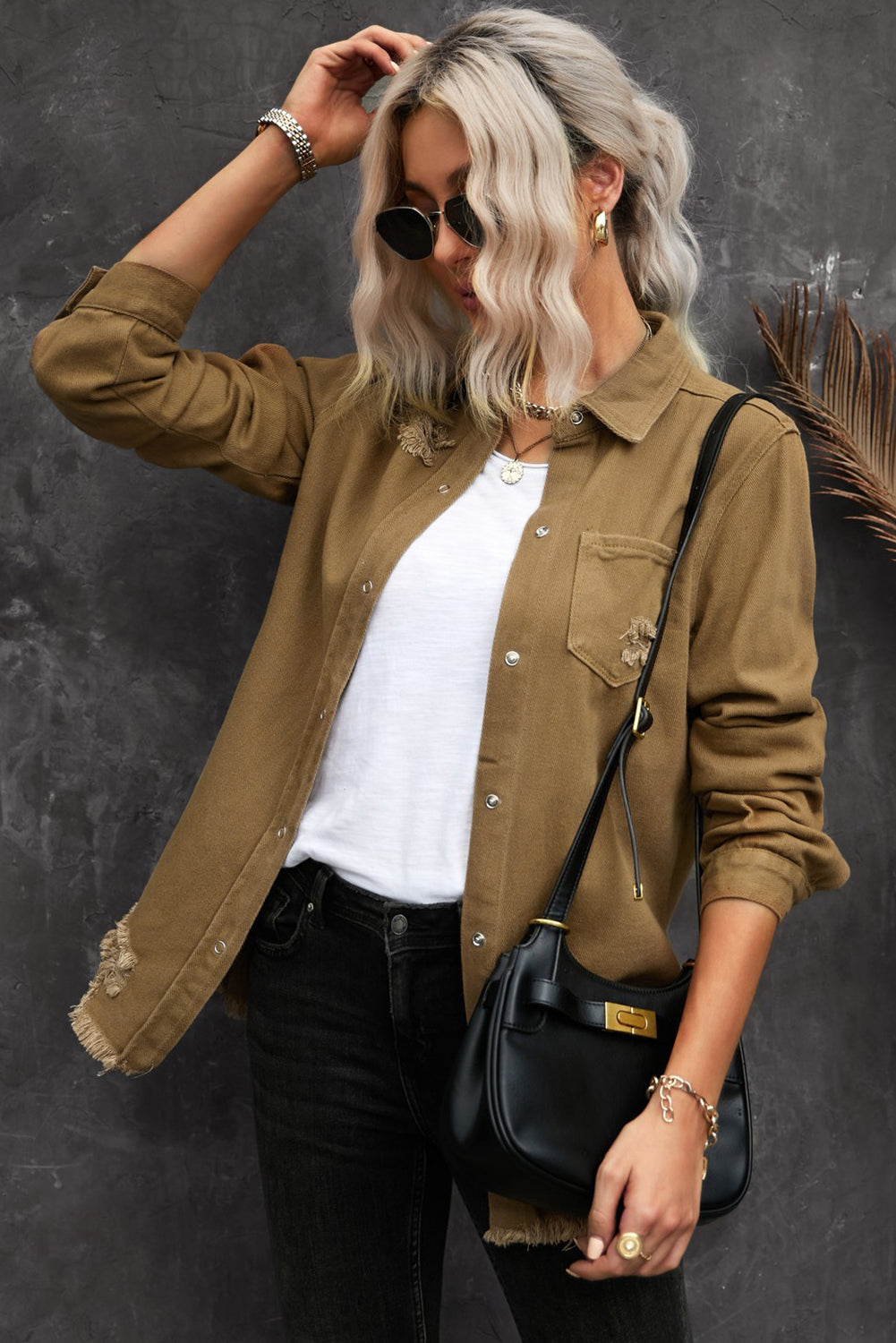 LAUREN Distressed Snap Down Denim Jacket