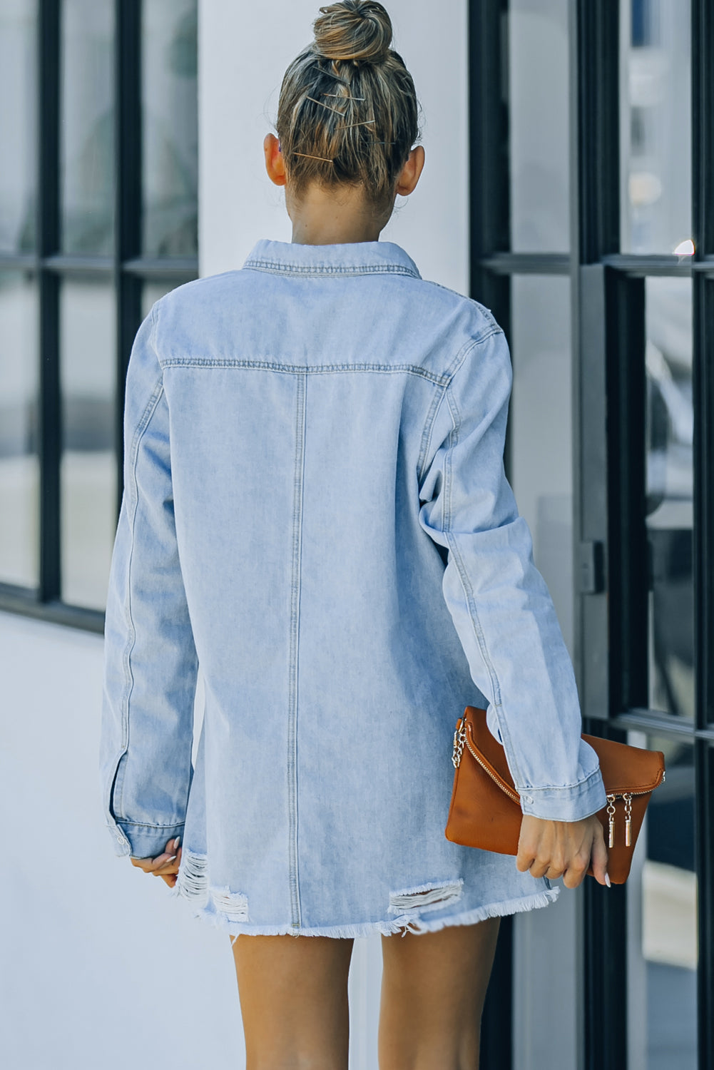 LAUREN Distressed Snap Down Denim Jacket